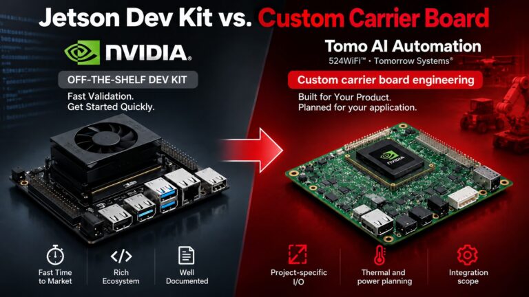 NVIDIA Jetson development kit compared with Tomo AI Automation custom carrier engineering; NVIDIA platform identity retained