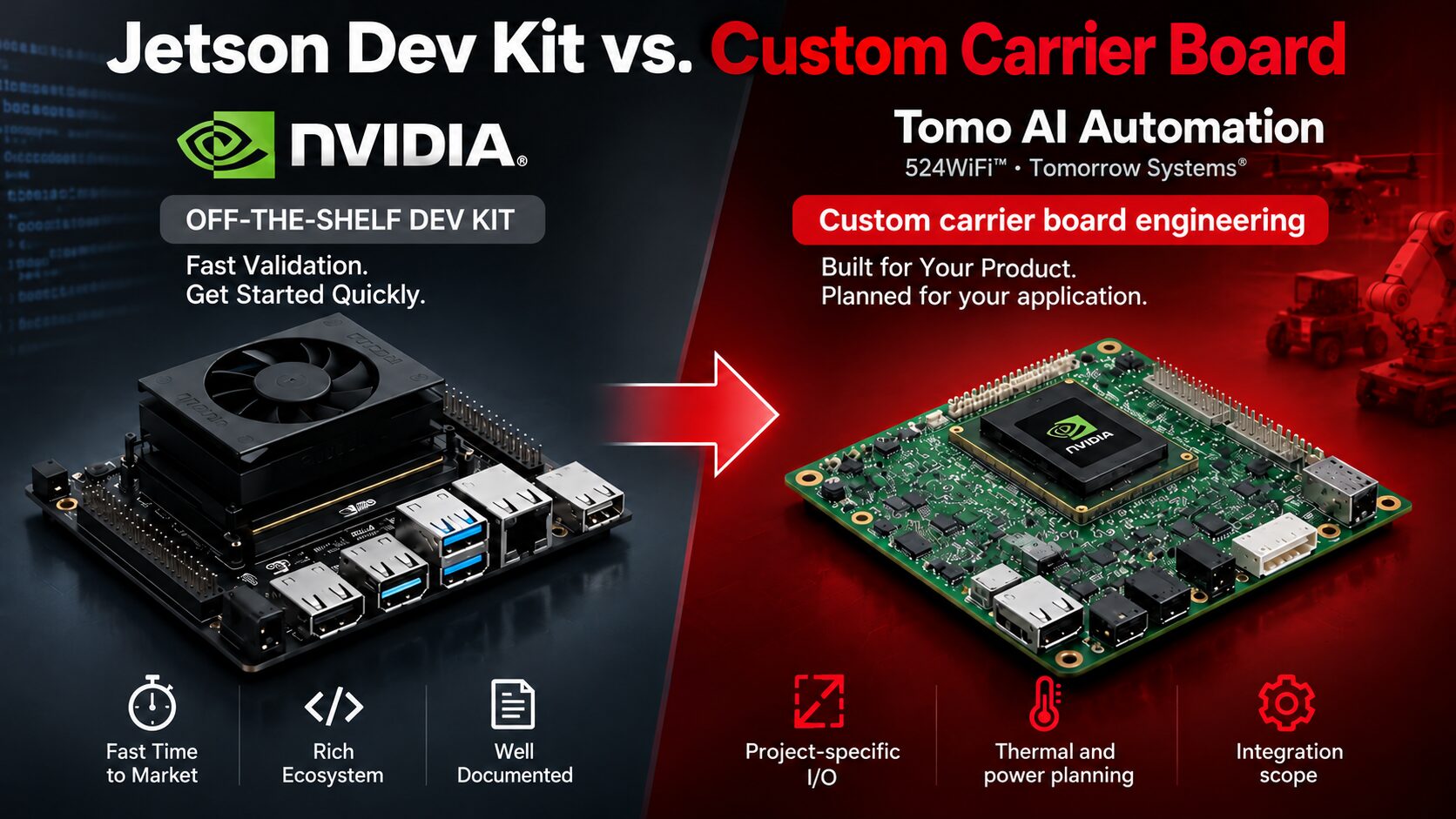 NVIDIA Jetson development kit compared with Tomo AI Automation custom carrier engineering; NVIDIA platform identity retained