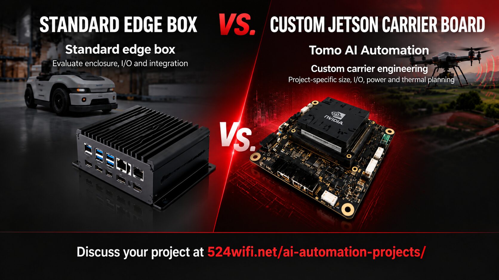 Standard edge box compared with Tomo AI Automation custom Jetson carrier engineering; application illustration