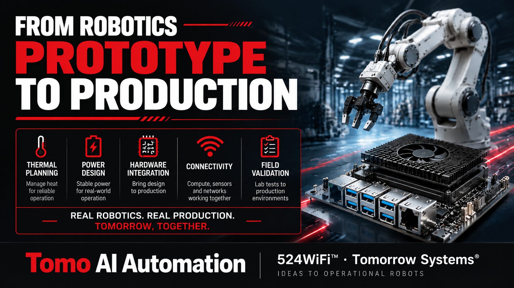 Tomo AI Automation · 524WiFi™ · Tomorrow Systems® — industrial application and integration illustration