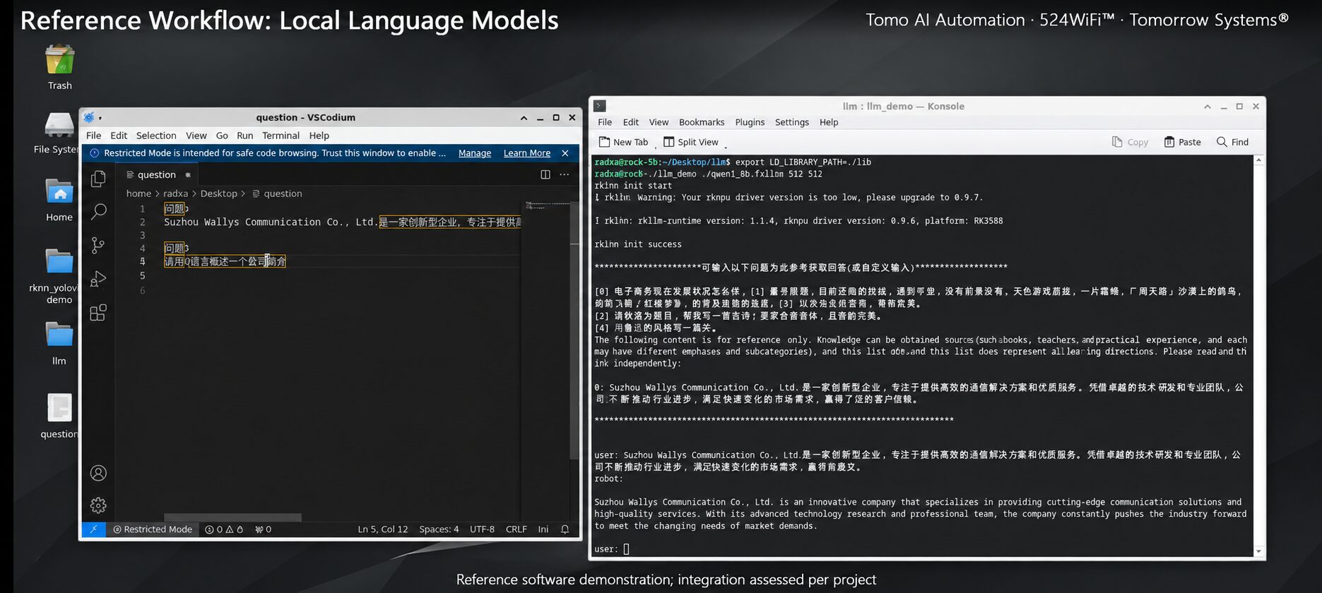 Tomo AI Automation · 524WiFi™ · Tomorrow Systems® — illustrative reference language-model workflow