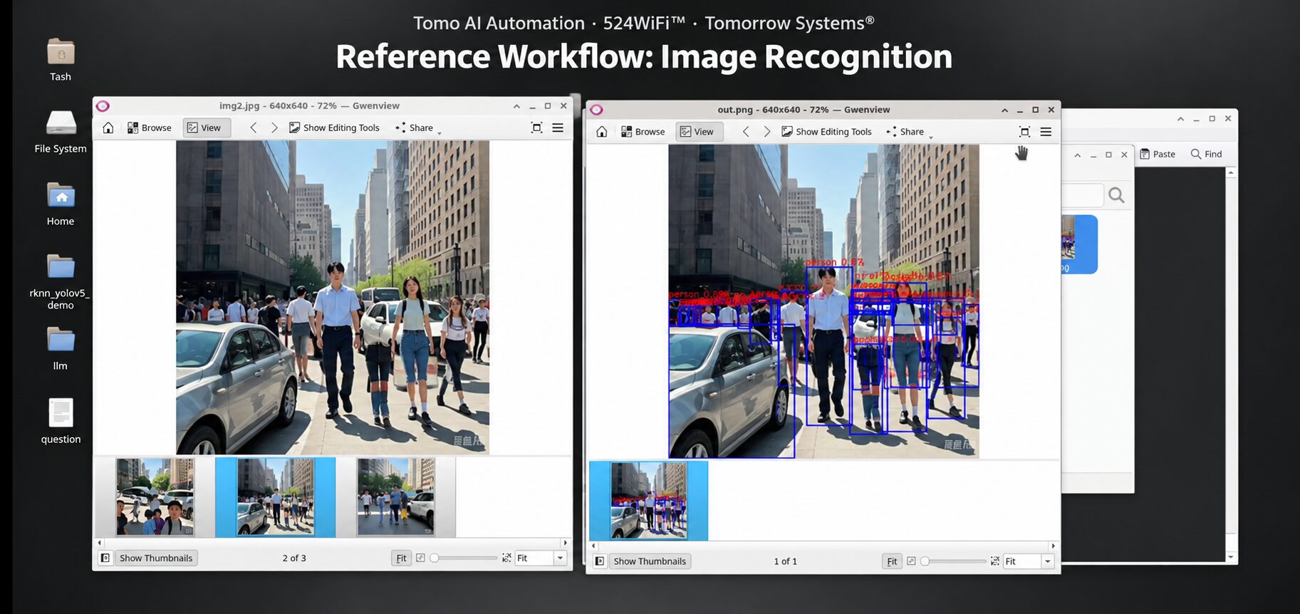 Tomo AI Automation · 524WiFi™ · Tomorrow Systems® — illustrative reference image-recognition workflow