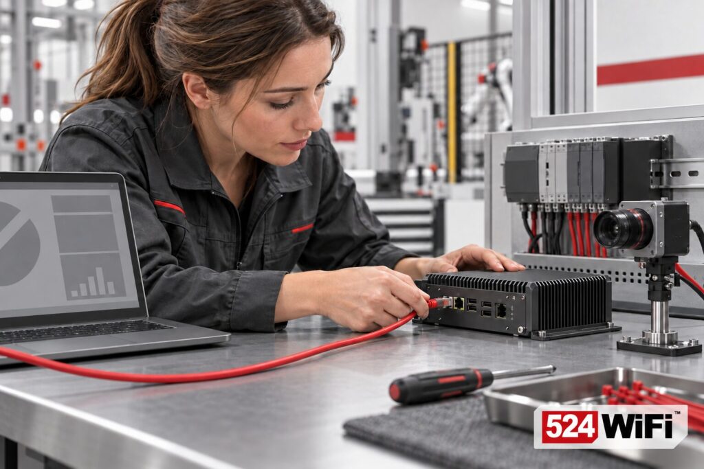 Illustration of an engineer connecting an Ethernet cable to an edge computer beside a camera, PLC and laptop.