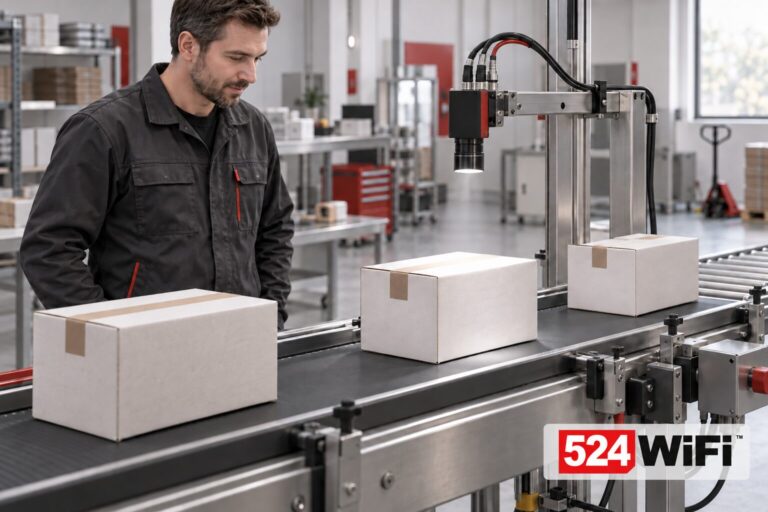 Illustrative scene: a technician observes cartons passing beneath an industrial inspection camera.