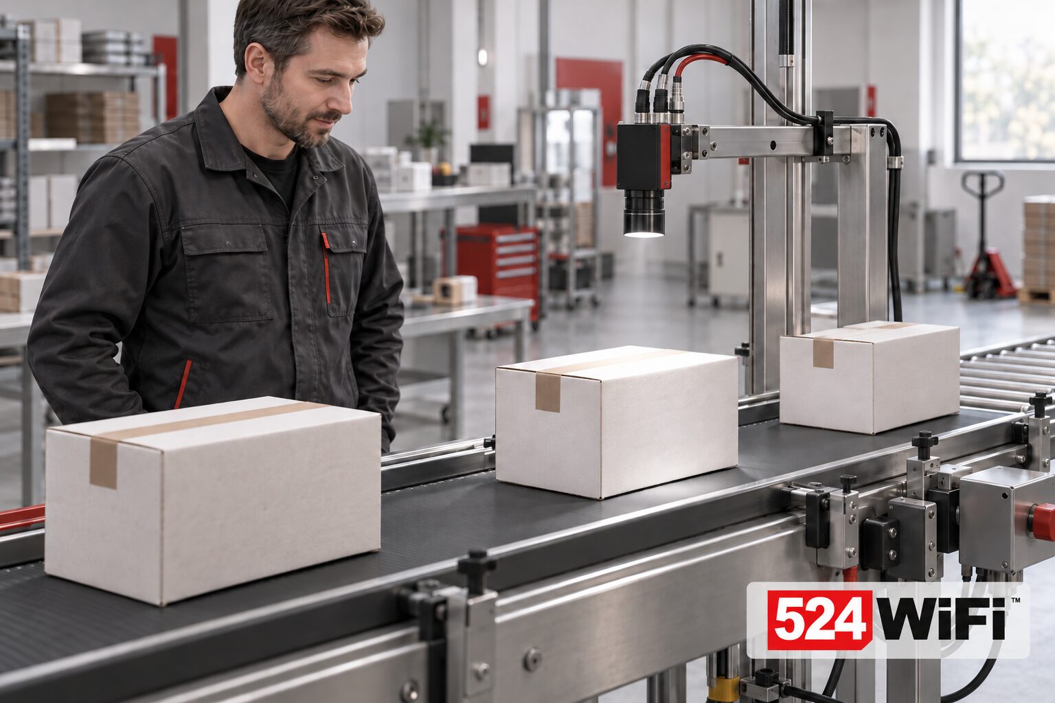 Illustrative scene: a technician observes cartons passing beneath an industrial inspection camera.