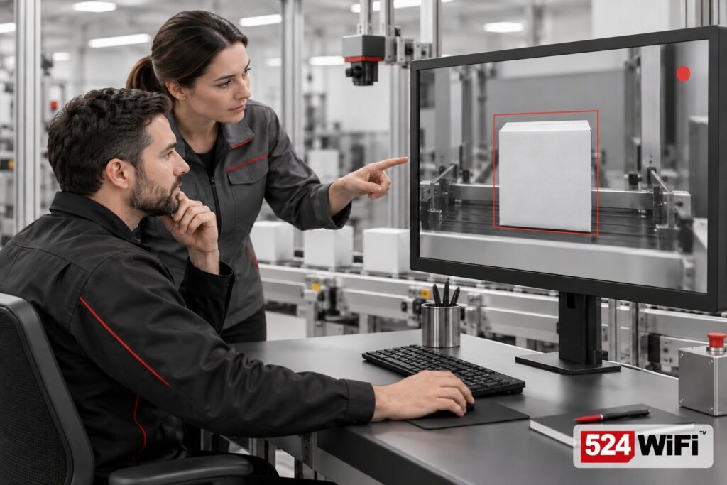 Illustration of two operators reviewing a carton inspection image together at an industrial workstation.