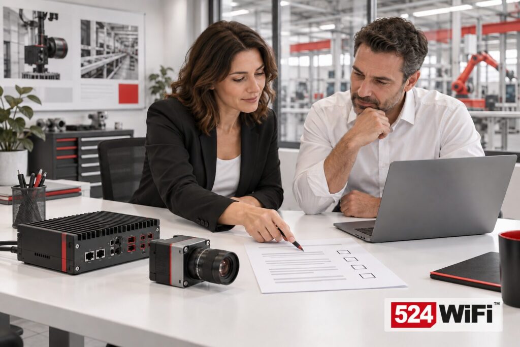 Illustration of a customer and engineer reviewing a project checklist beside an edge computer and inspection camera.