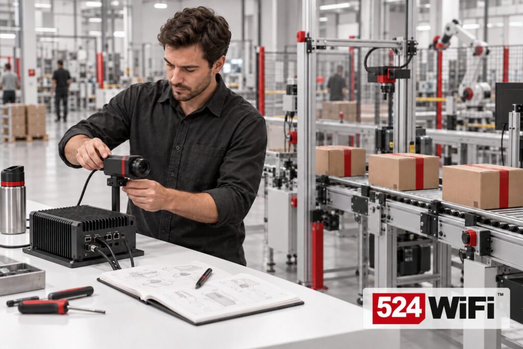 Illustration of an engineer preparing an edge computer and camera at a bench beside a pilot conveyor station.